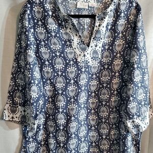 Sigrid Olsen Blue and White Paisley Linen Blouse Sz Large Coastal Beach Relax